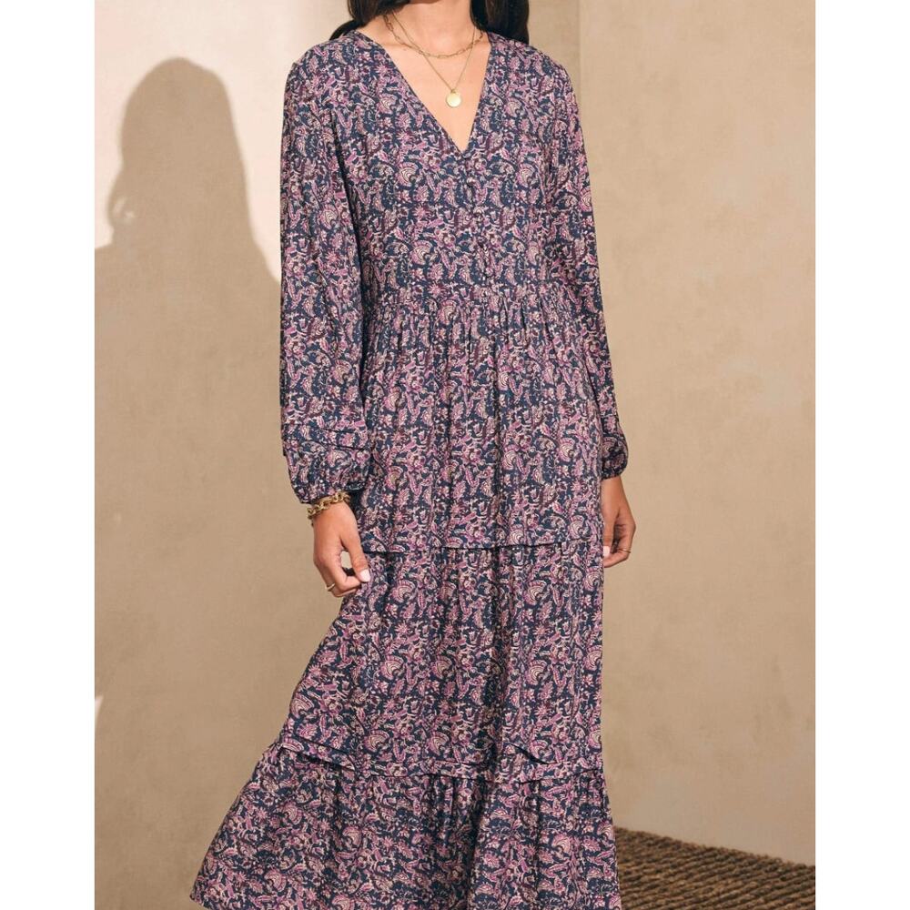 Faherty Isabella Long Sleeve Tiered Midi Dress Fiona Block Print Sz Medium NWOT
